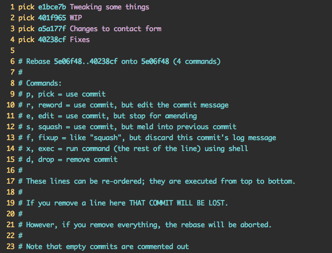Commit message from git rebase -i